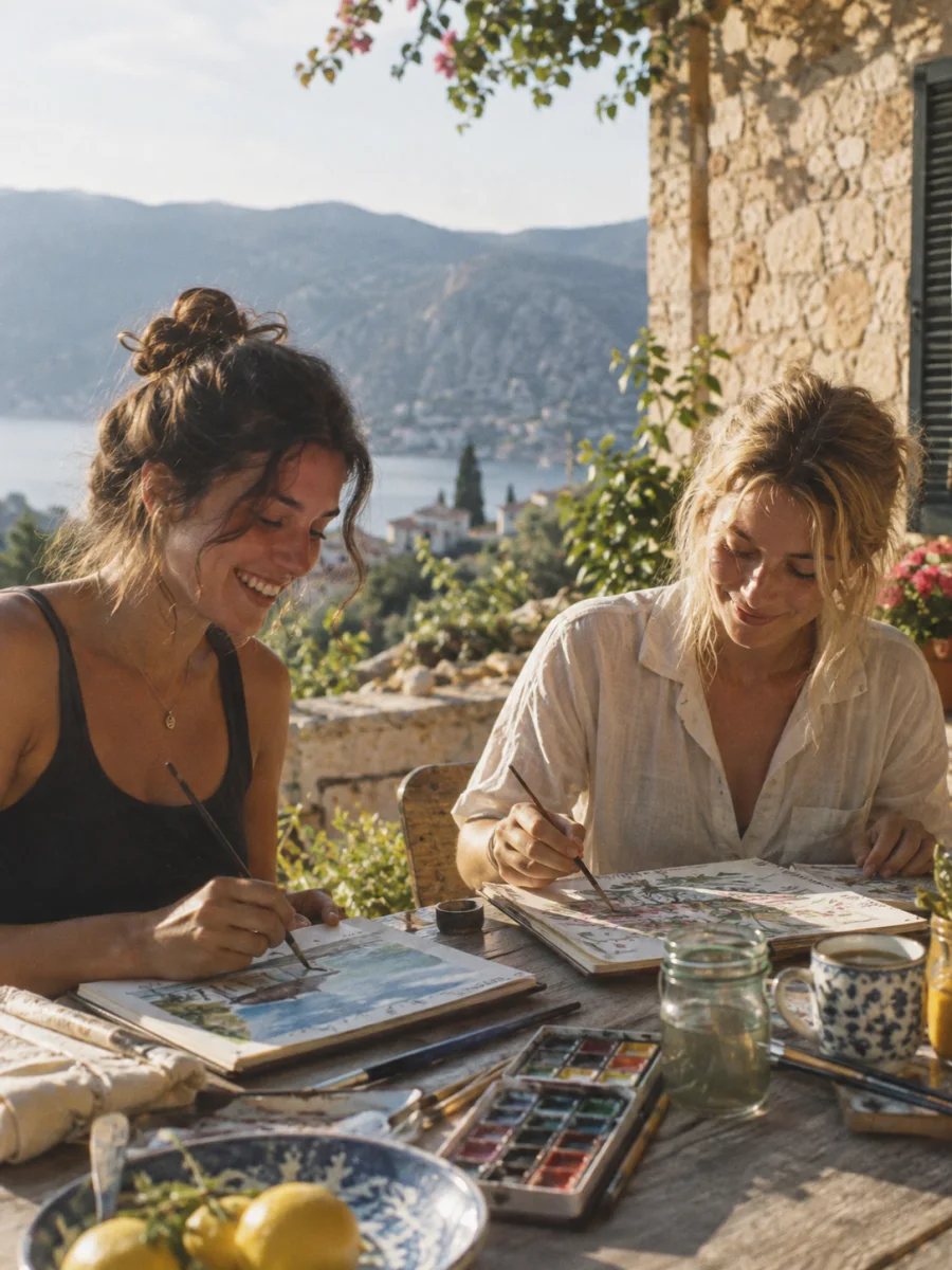 Two friends paint together at an outdoor table.