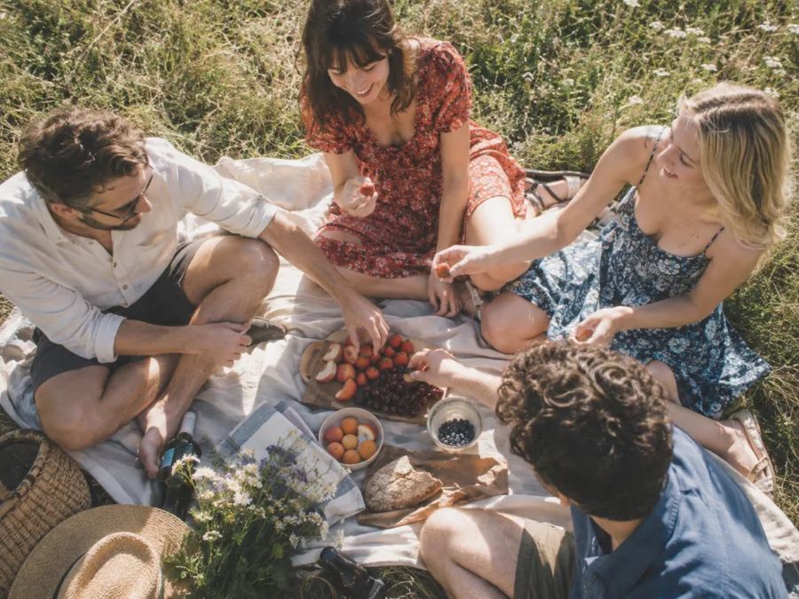 Friends share a picnic in a meadow.