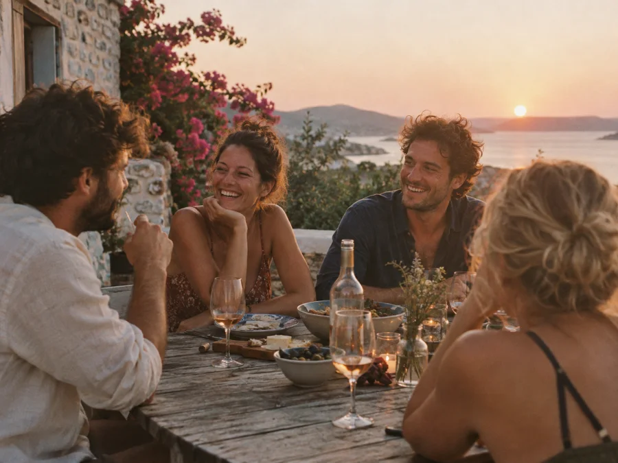 Friends talk on a terrace at sunset.